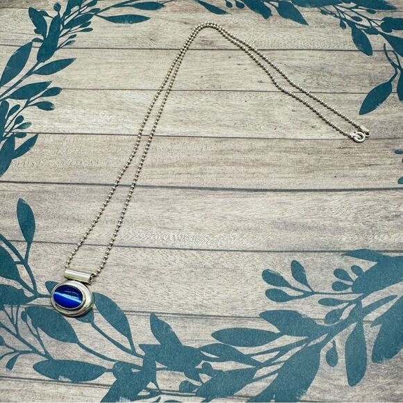 Sterling Silver Blue Cateye Necklace 24 In B3 - Picture 2 of 4